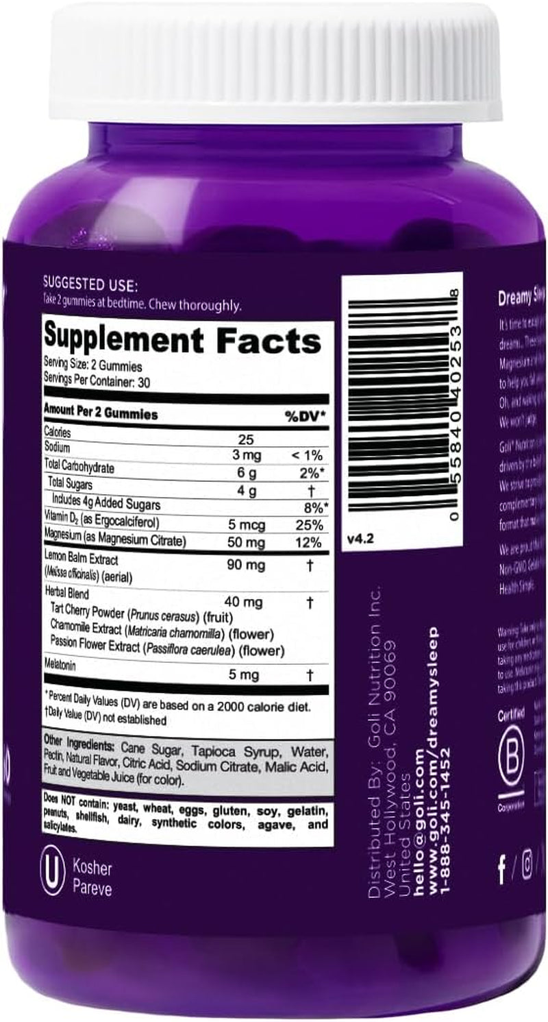 Dreamy Sleep Gummy - 60 Count - Melatonin, Vitamin D, Magnesium, and Lemon Balm Extract - Gelatin-Free, Gluten-Free, Vegan & Non-Gmo